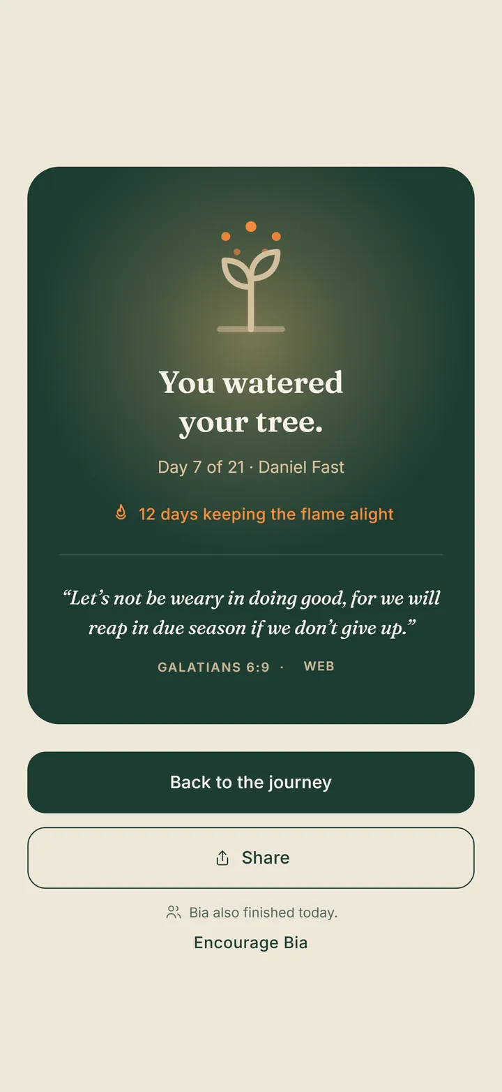 Day complete screen: you watered your tree